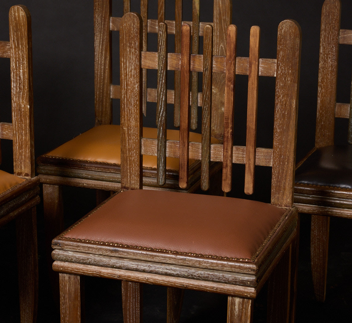 SET OF 5 1930S ITALIAN CERUSED CHESTNUT & LEATHER SIDE CHAIR ATTR. TO ITALO GAMBERINI