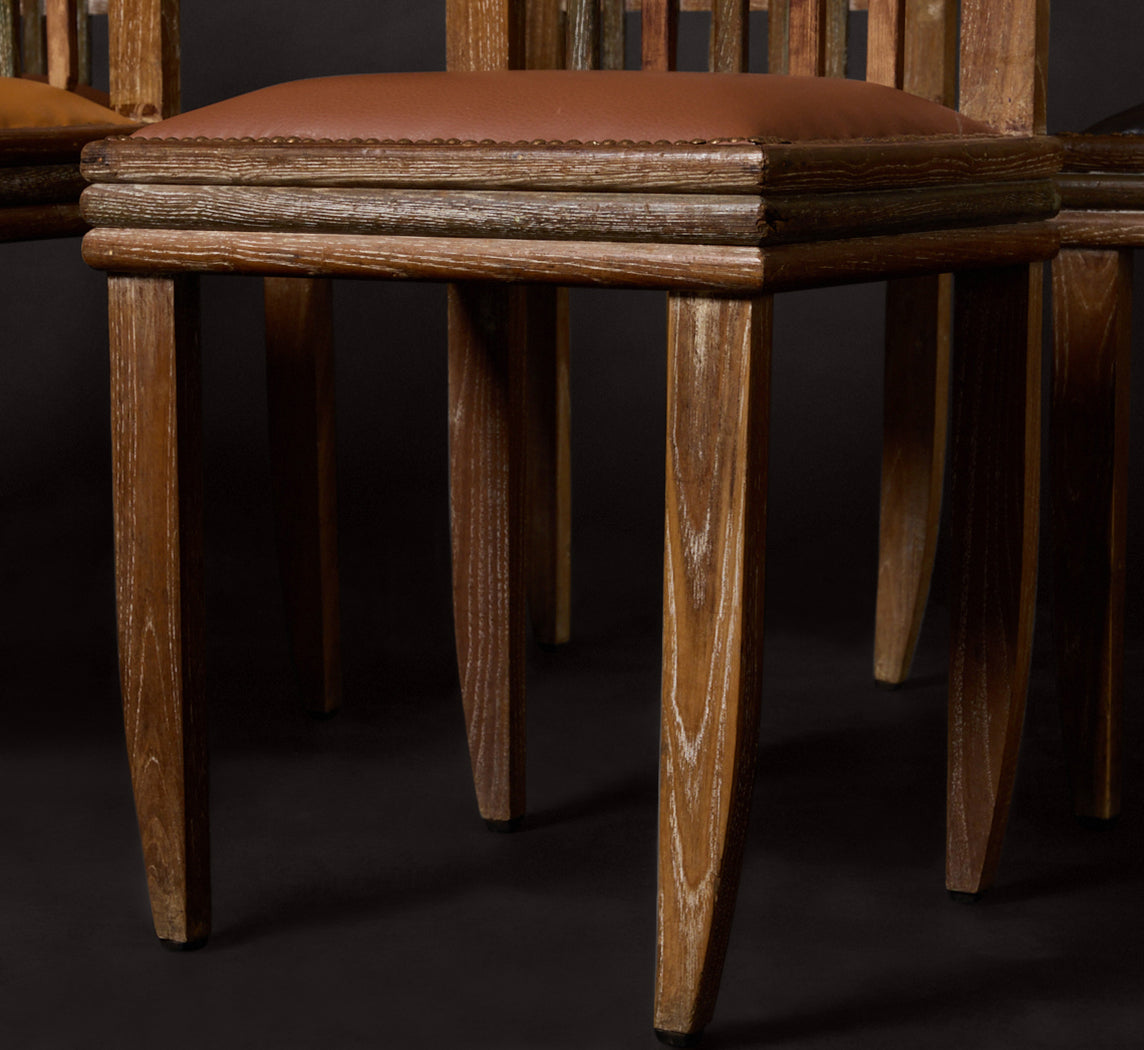 SET OF 5 1930S ITALIAN CERUSED CHESTNUT & LEATHER SIDE CHAIR ATTR. TO ITALO GAMBERINI