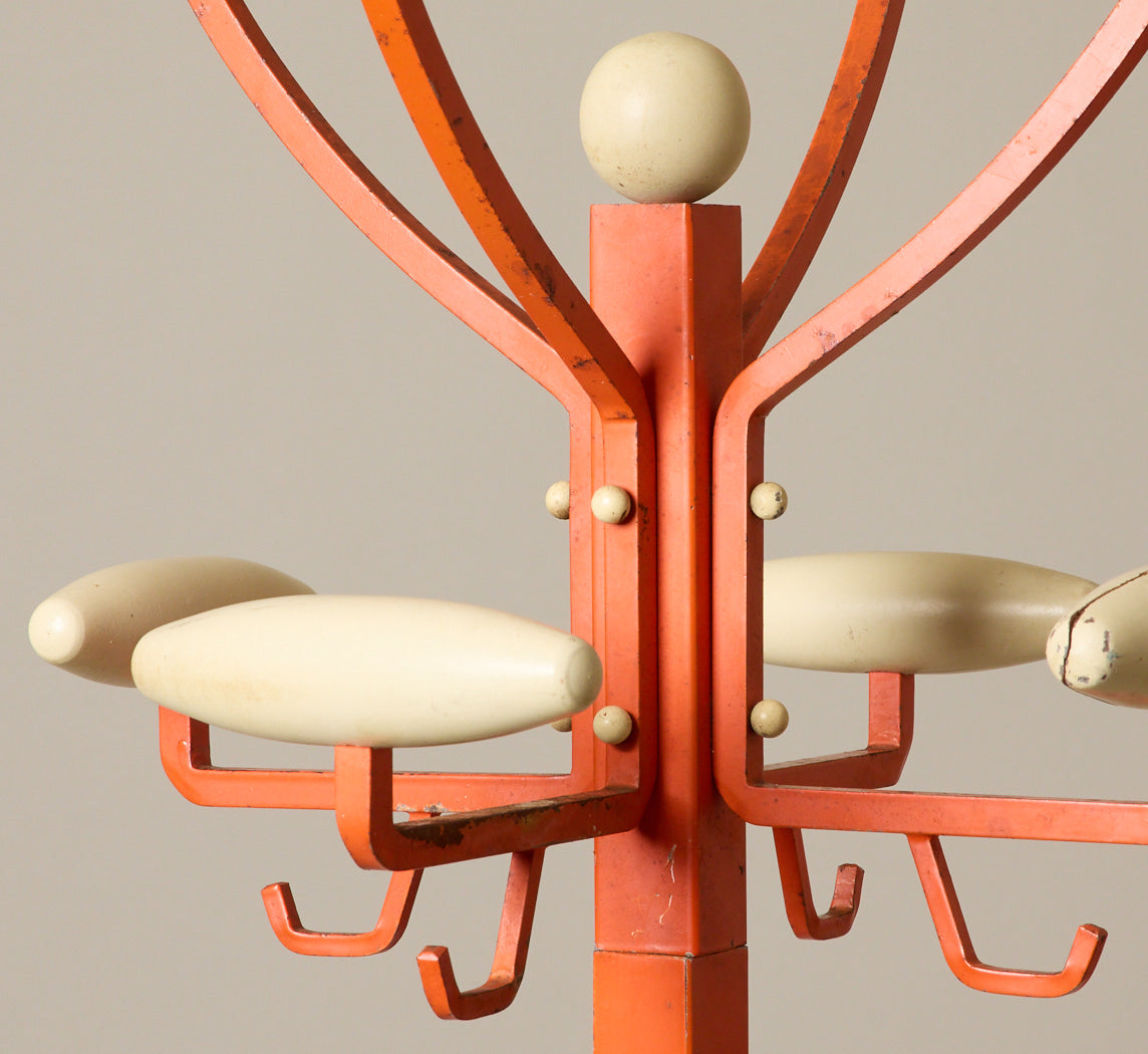 1960S ITALIAN RED METAL STANDING COAT RACK