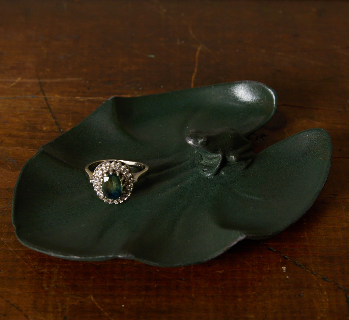 1920S FRENCH VIDE POCHE OF SMALL FROG ON WATER LILY LEAF BY MAX LE VERRIER (1891-1973)