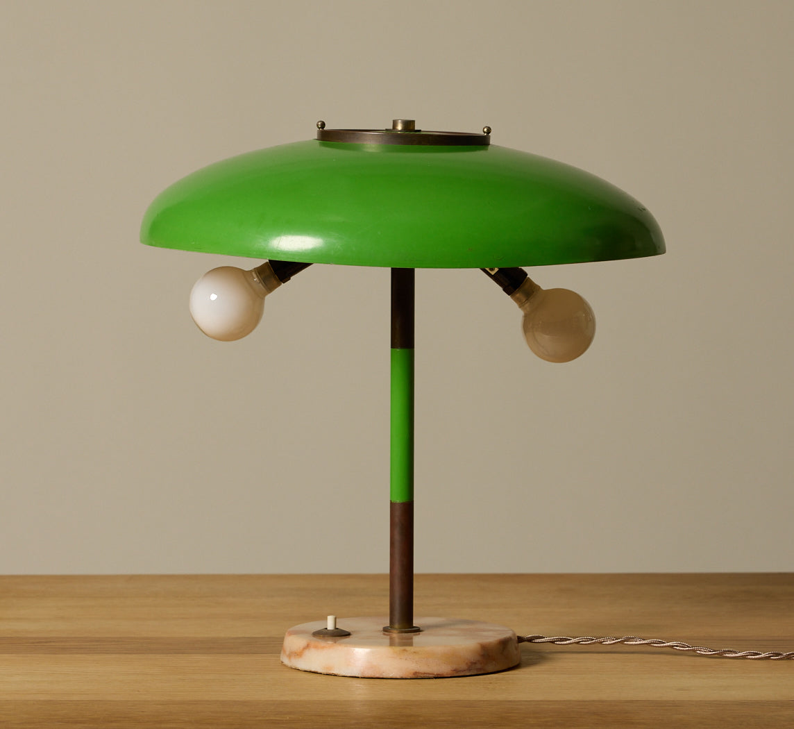 MID CENTURY GRASS GREEN ENAMEL TABLE LAMP WITH PINK MARBLE BASE