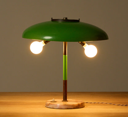 MID CENTURY GRASS GREEN ENAMEL TABLE LAMP WITH PINK MARBLE BASE