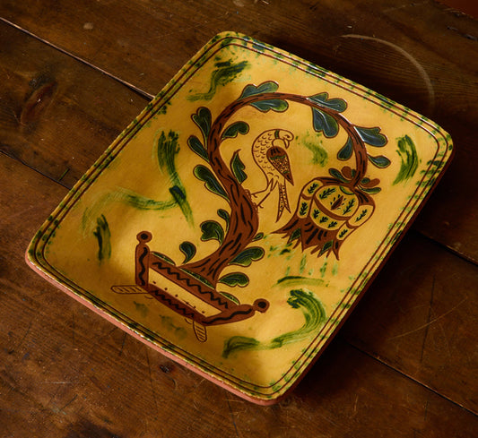 BREININGER REDWARE PLATTER WITH BIRD IN FLOWERING TREE