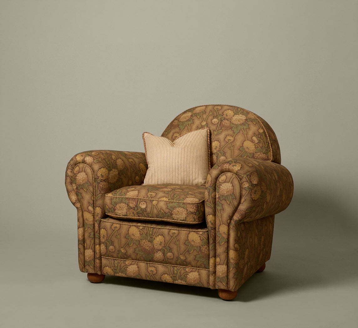 PIERCE & WARD LUCKY CHAIR IN CHRYSANTHEMUM WITH TWISTED CORD TRIM