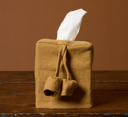 PIERCE & WARD CUMIN LINEN TISSUE BOX COVER WITH BELL FLOWER TASSEL