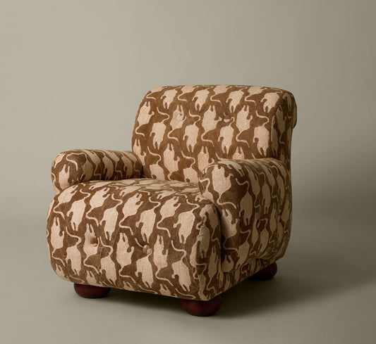 1970S ITALIAN ARMCHAIR IN STONEWASHED VINTAGE TIGER BLOCK PRINT