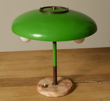 MID CENTURY GRASS GREEN ENAMEL TABLE LAMP WITH PINK MARBLE BASE