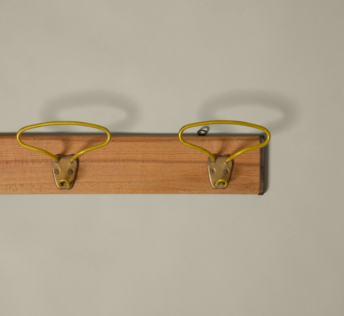 MIDCENTURY ITALIAN YELLOW & WOOD WALL COAT ROACK