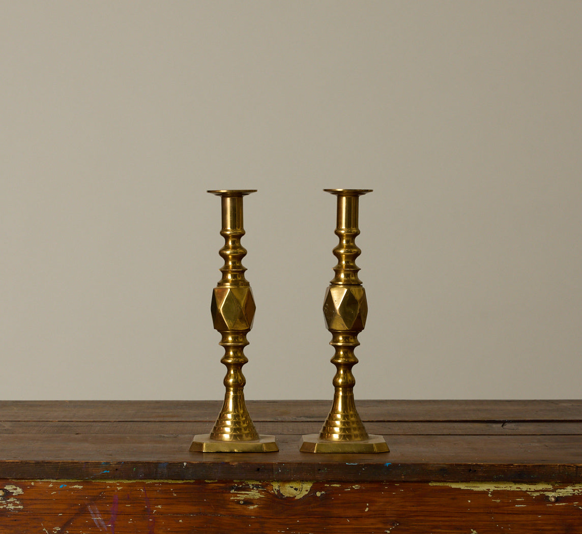 PAIR OF TAPERED BRASS CANDLESTICK HOLDERS