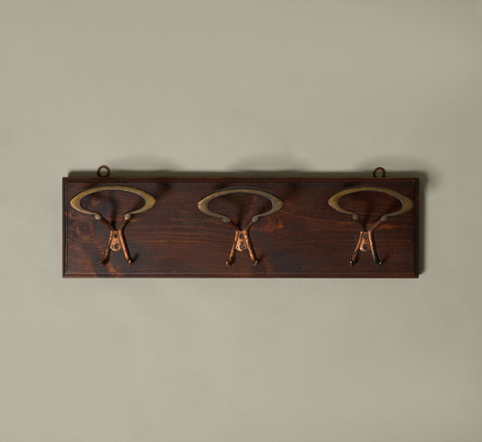 MIDCENTURY ITALIAN WOOD & BRASS WALL COAT RACK