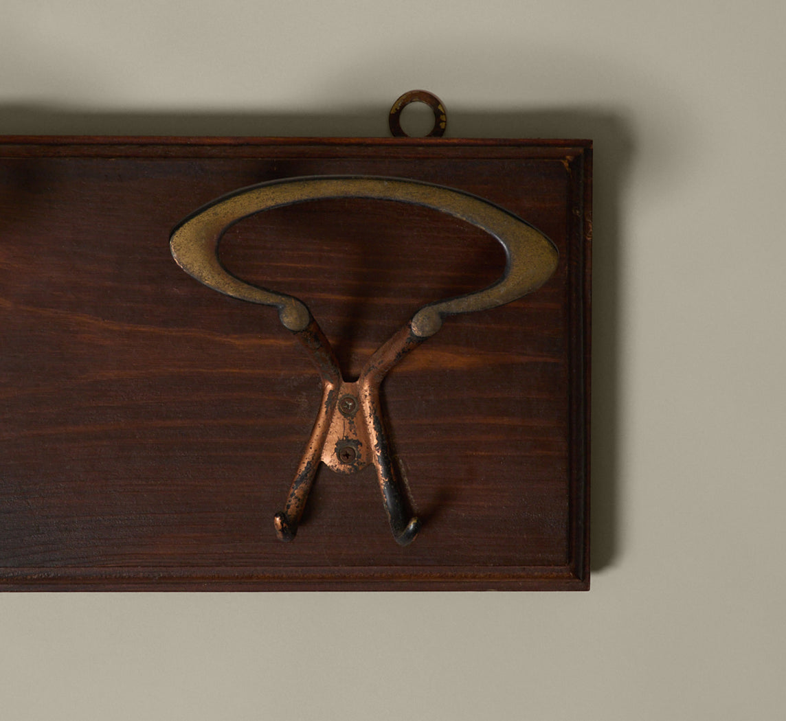 MIDCENTURY ITALIAN WOOD & BRASS WALL COAT RACK