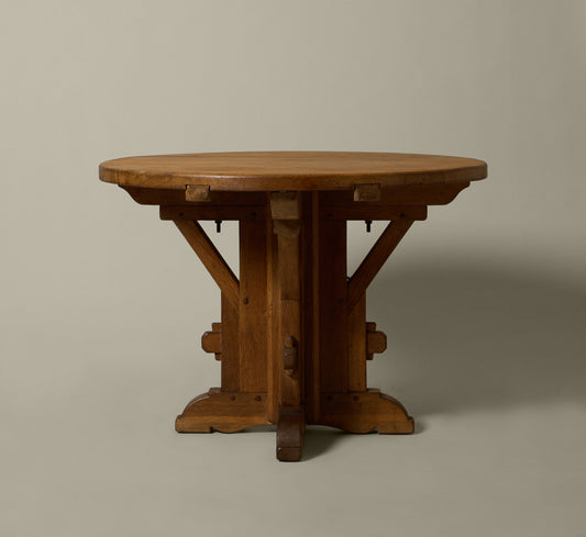 1950S FRENCH BRUTALIST OAK ROUND TABLE