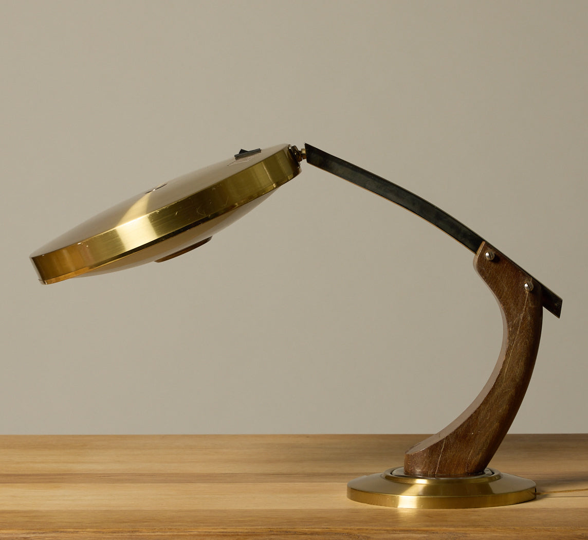 1960S MID CENTURY FASE MADRID OAK AND GOLD DESK LAMP BY LUIS PEREZ DE LA OLIVA