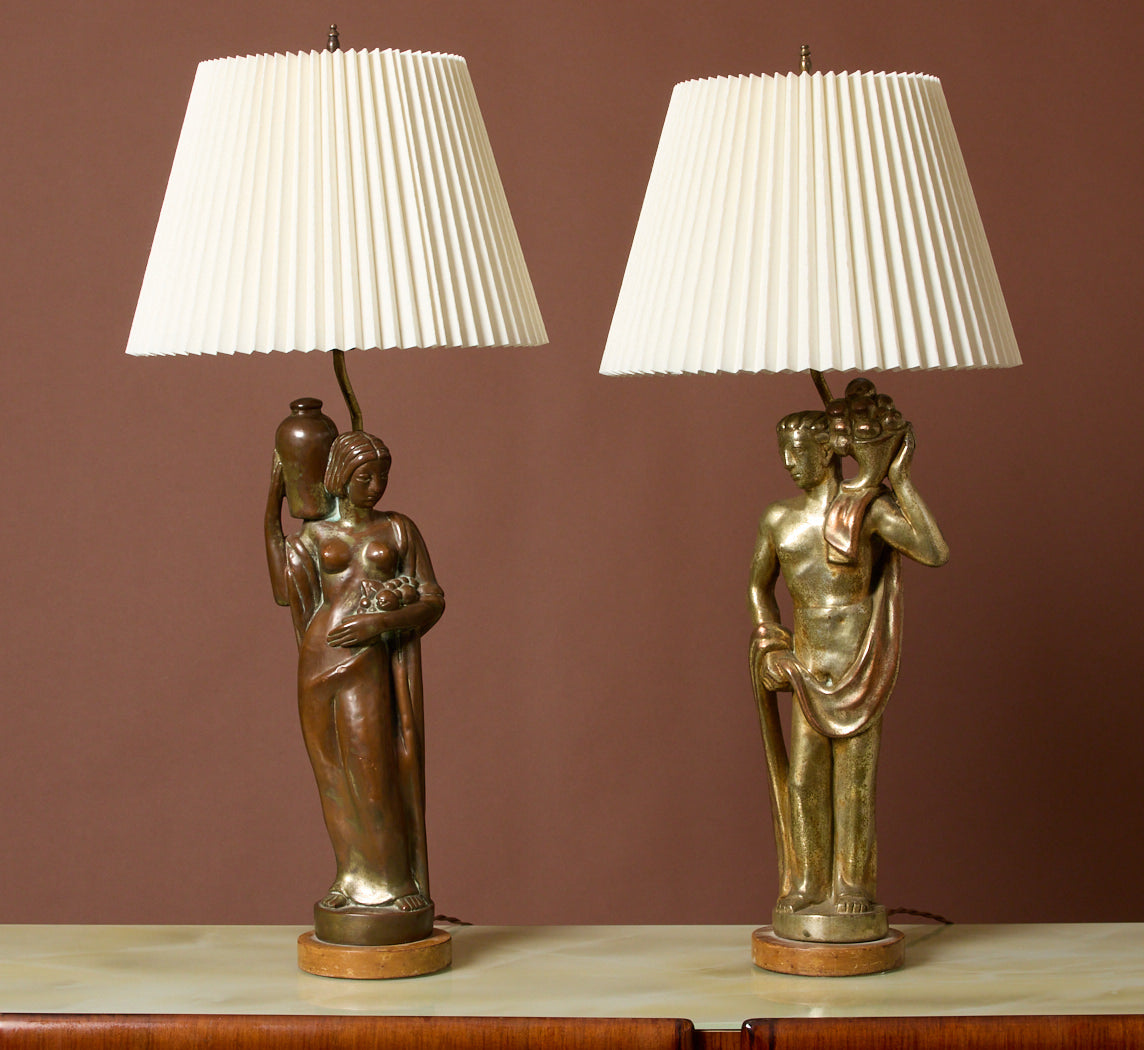 PAIR OF 1930S ART DECO BRONZE BACCHIC FIGURAL TABLE LAMPS