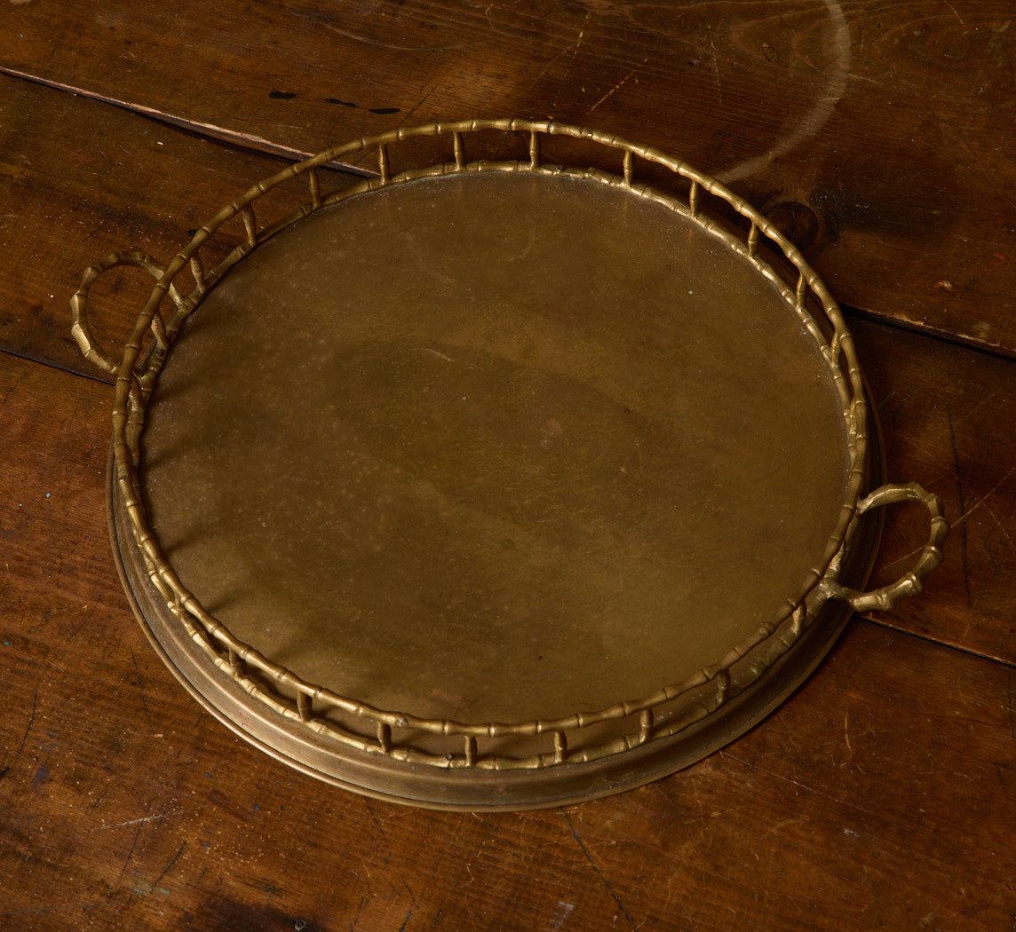 VINTAGE BRASS BAMBOO ROUND SERVING TRAY