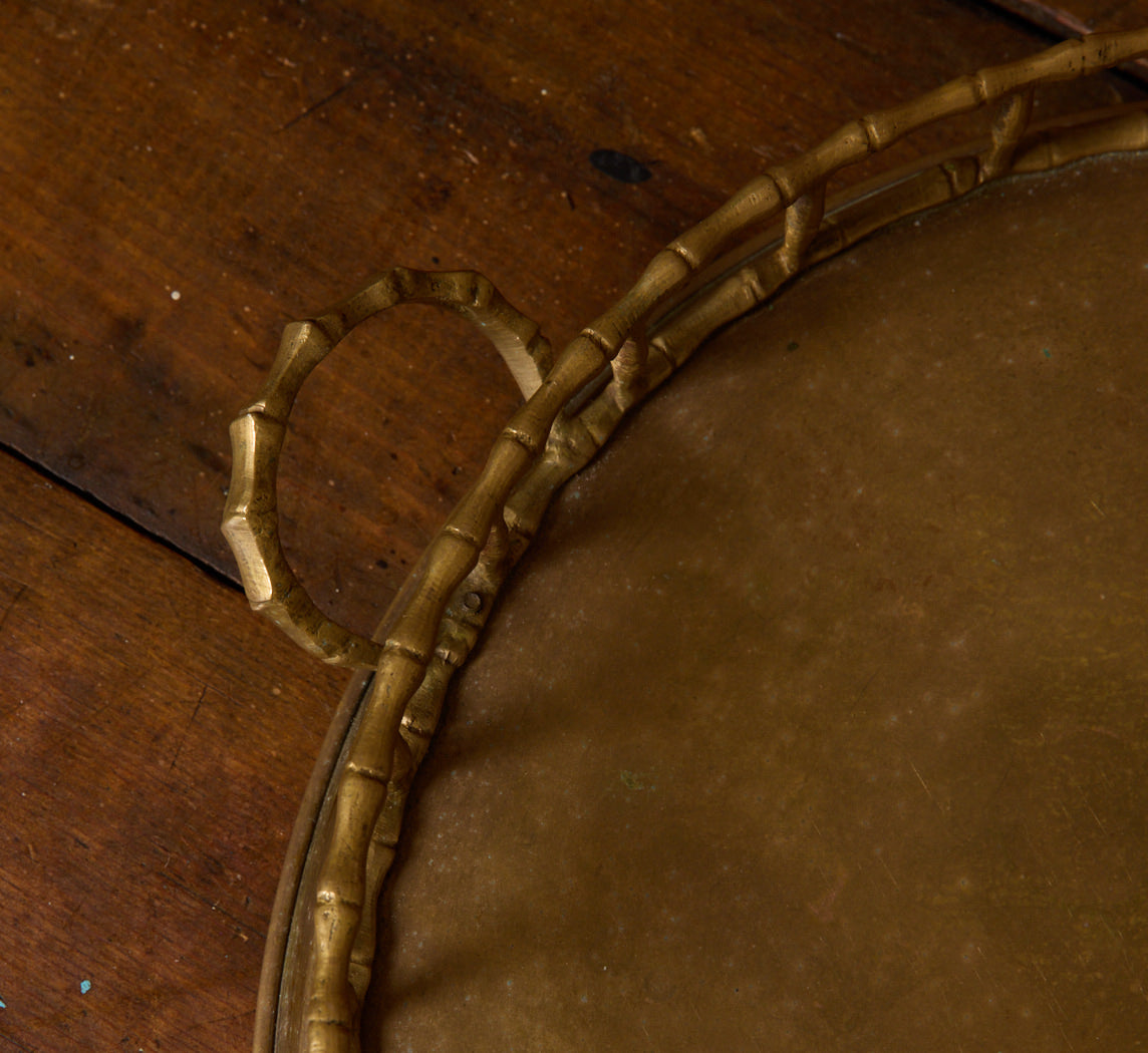 VINTAGE BRASS BAMBOO ROUND SERVING TRAY