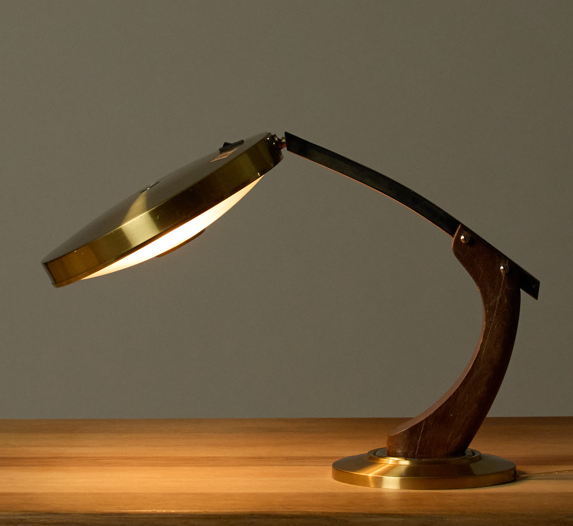 1960S MID CENTURY FASE MADRID OAK AND GOLD DESK LAMP BY LUIS PEREZ DE LA OLIVA