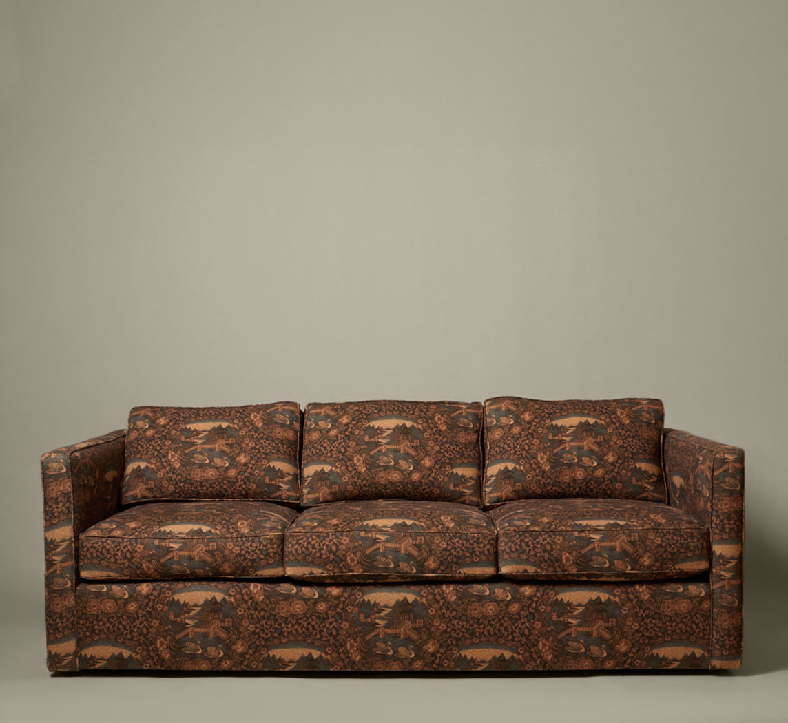 MID CENTURY TUXEDO SOFA IN PIERCE & WARD'S EASTERN GARDEN RAMBLE LINEN