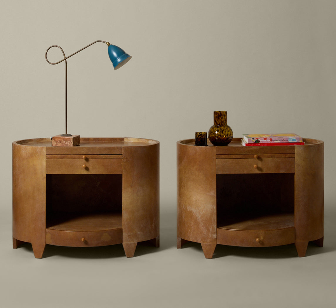 PAIR OF 1960S PARCHMENT OVAL SIDE TABLES WITH DRAWERS