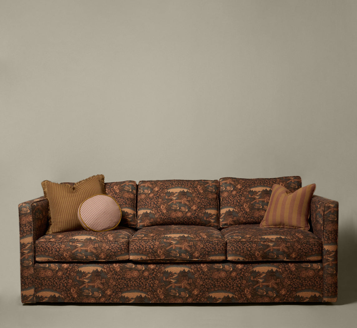 MID CENTURY TUXEDO SOFA IN PIERCE & WARD'S EASTERN GARDEN RAMBLE LINEN