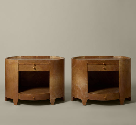 PAIR OF 1960S PARCHMENT OVAL SIDE TABLES WITH DRAWERS