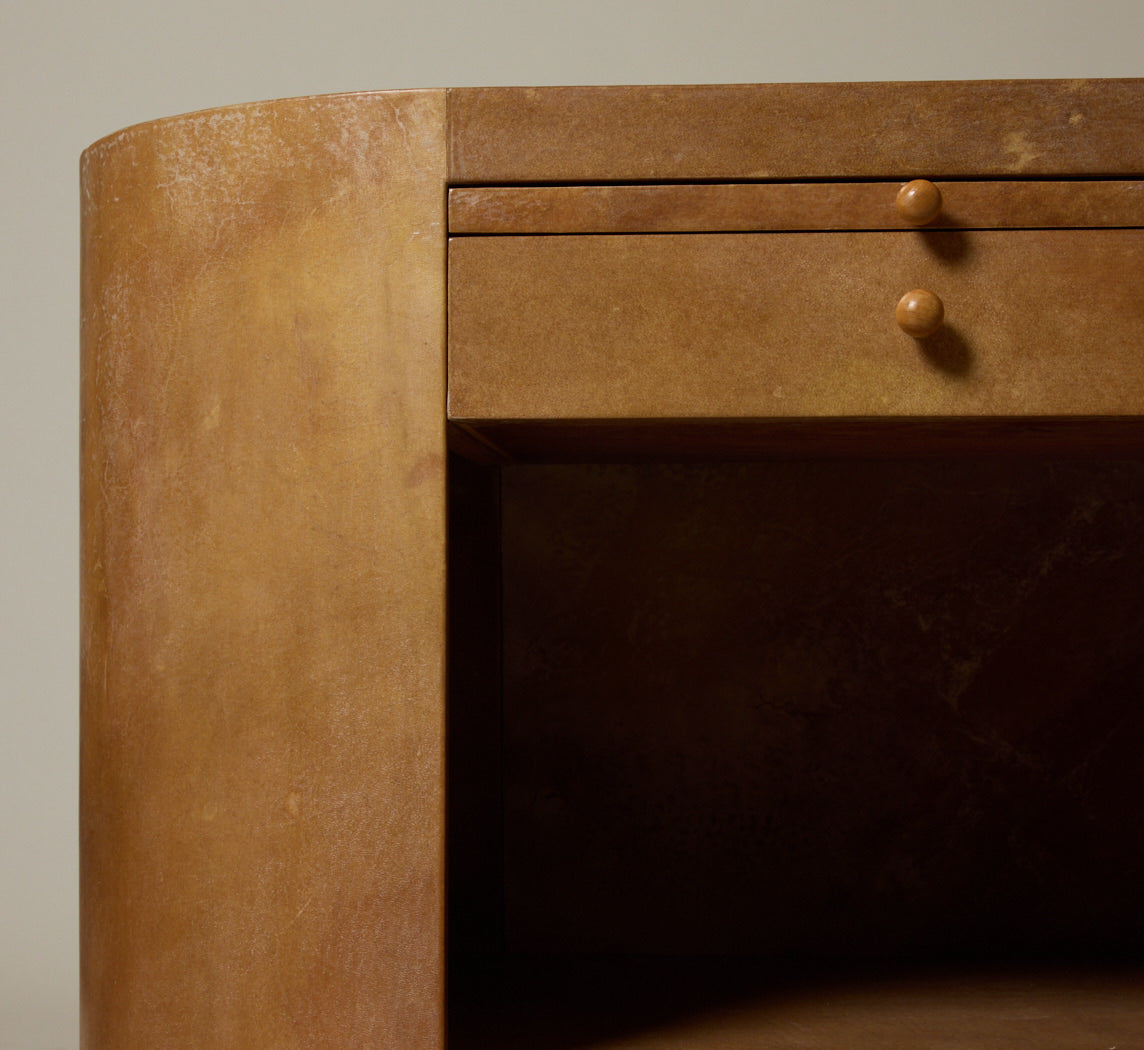 PAIR OF 1960S PARCHMENT OVAL SIDE TABLES WITH DRAWERS