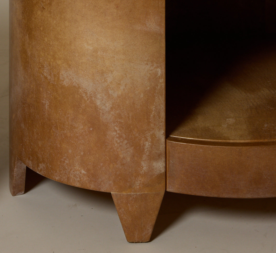 PAIR OF 1960S PARCHMENT OVAL SIDE TABLES WITH DRAWERS