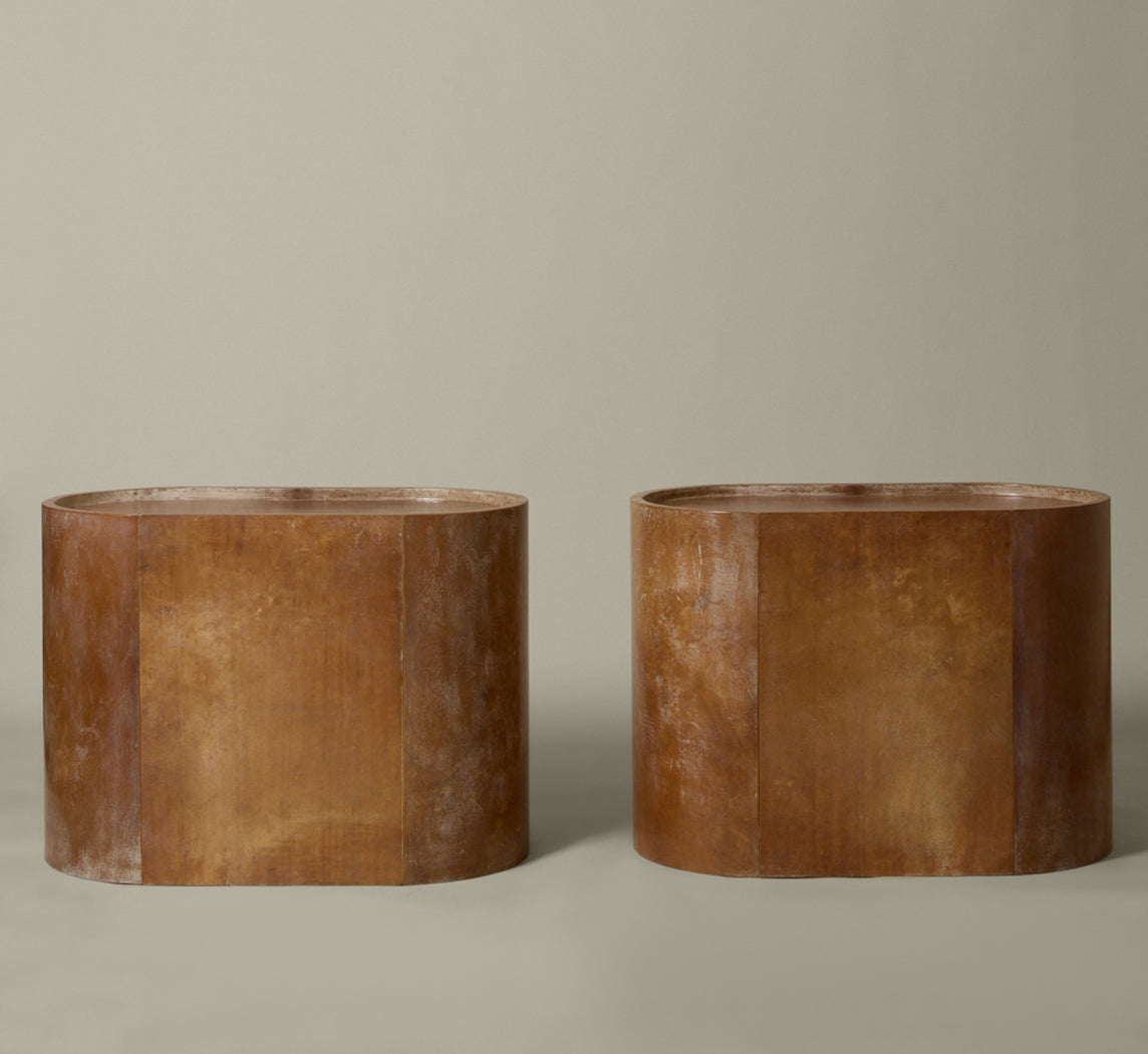 PAIR OF 1960S PARCHMENT OVAL SIDE TABLES WITH DRAWERS