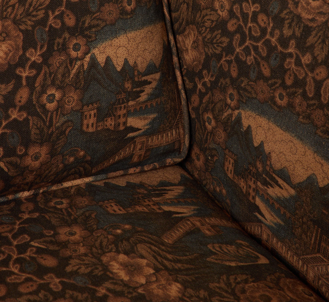 MID CENTURY TUXEDO SOFA IN PIERCE & WARD'S EASTERN GARDEN RAMBLE LINEN