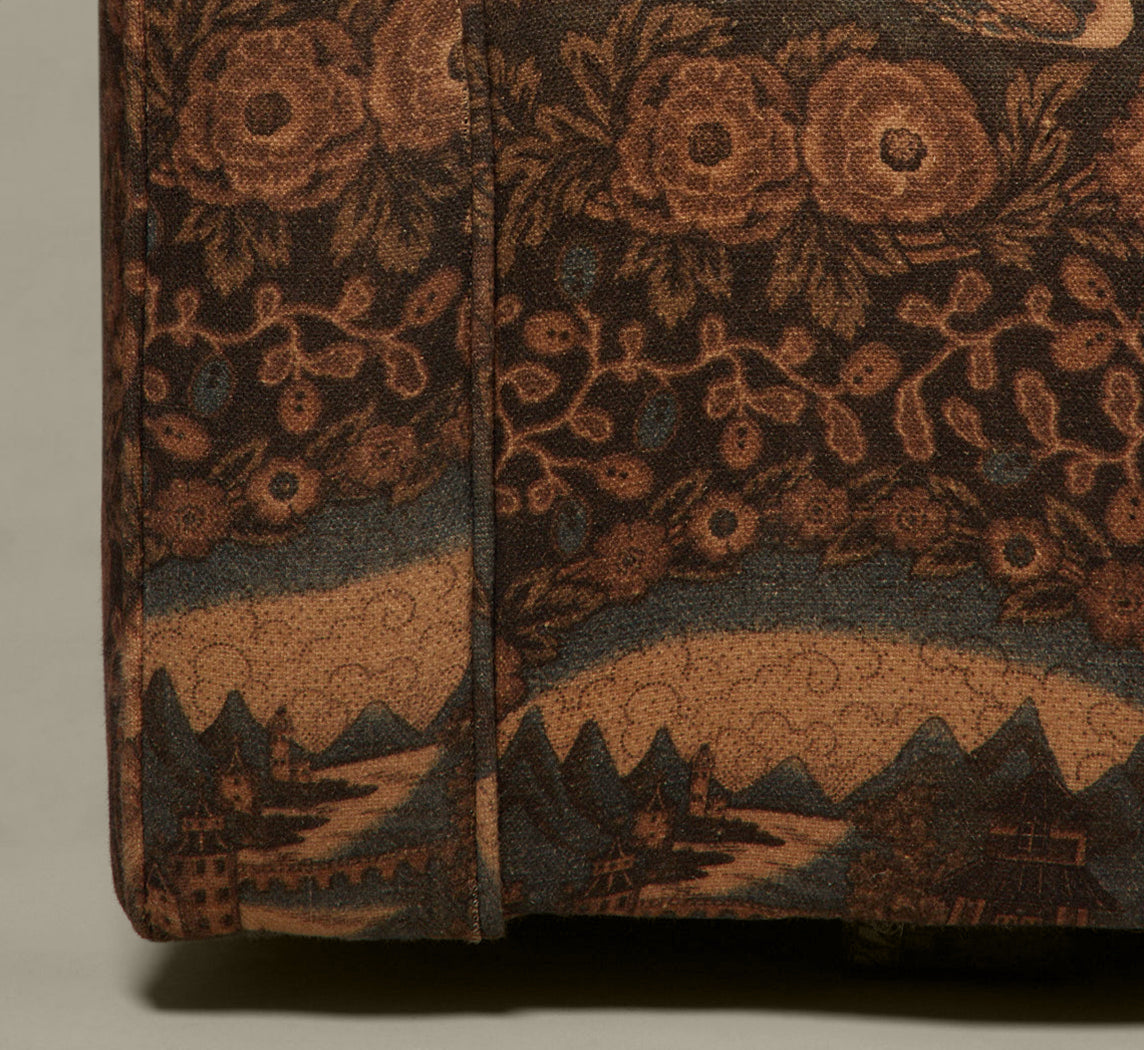 MID CENTURY TUXEDO SOFA IN PIERCE & WARD'S EASTERN GARDEN RAMBLE LINEN