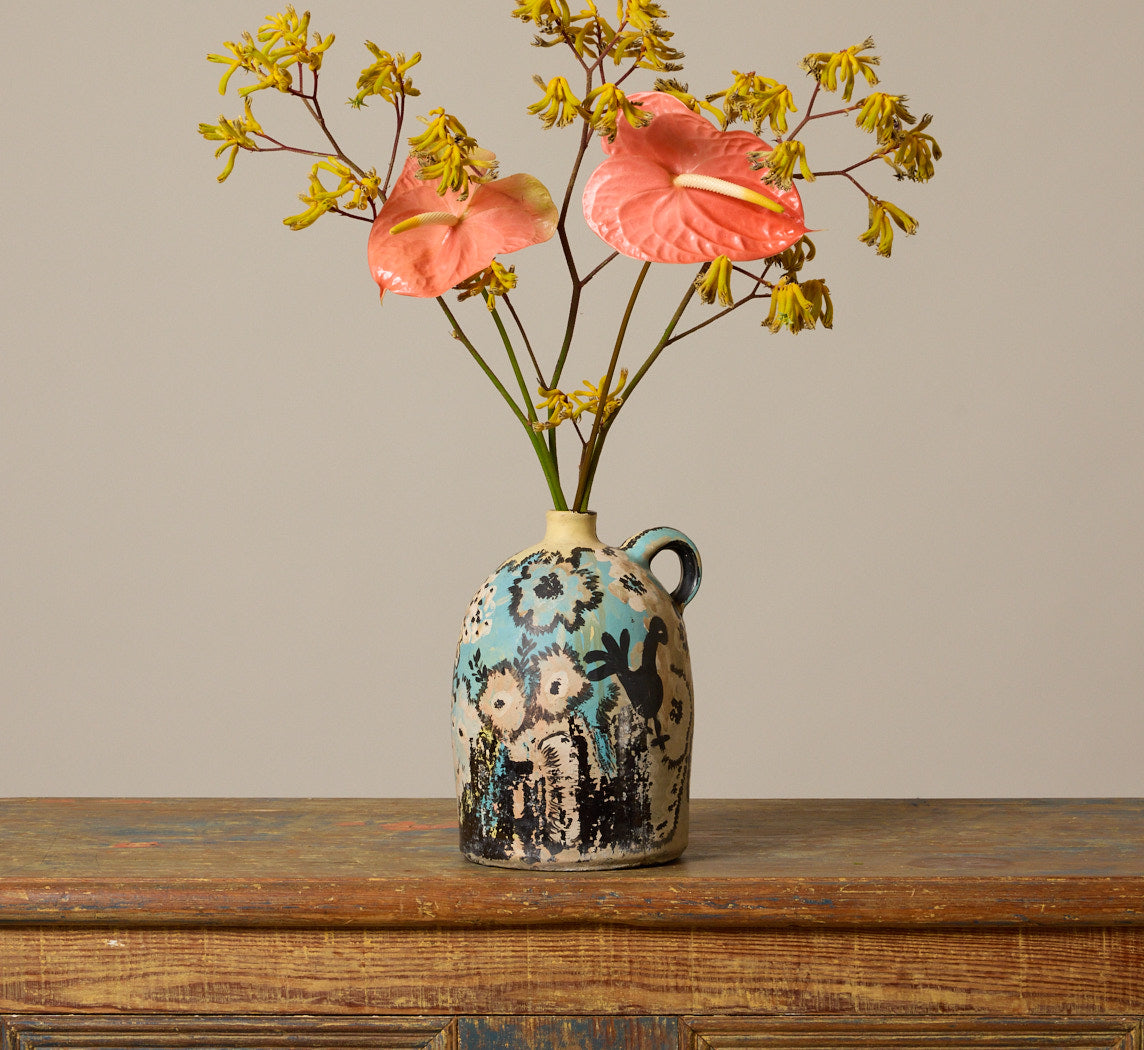 VINTAGE FOLK ART BIRDS AND BEES EARTHENWARE JUG