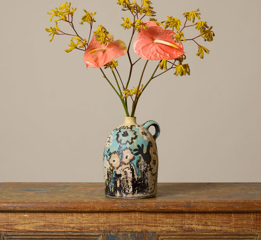 VINTAGE FOLK ART BIRDS AND BEES EARTHENWARE JUG