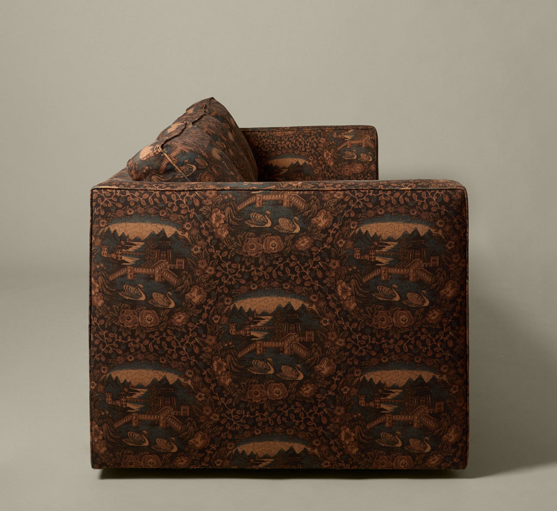 MID CENTURY TUXEDO SOFA IN PIERCE & WARD'S EASTERN GARDEN RAMBLE LINEN