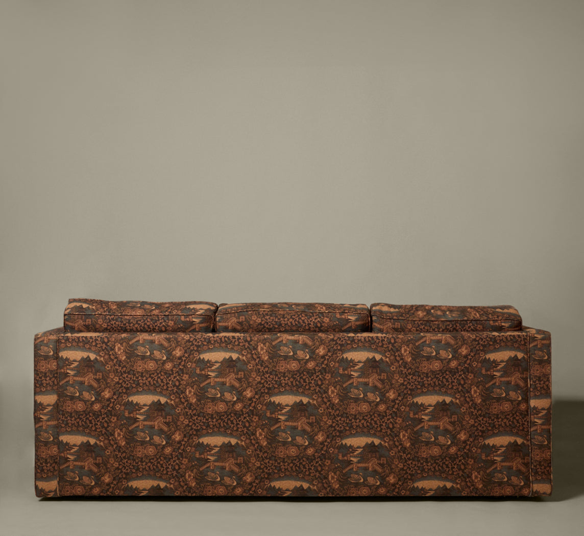 MID CENTURY TUXEDO SOFA IN PIERCE & WARD'S EASTERN GARDEN RAMBLE LINEN