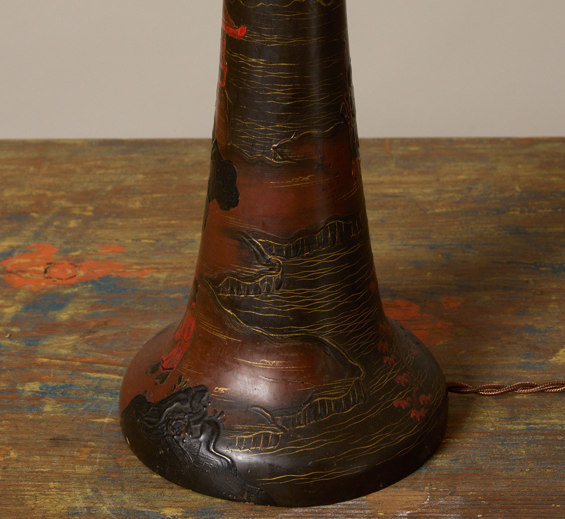 ART NOUVEAU CHINOISERIE WOOD TABLE LAMP, C. 1900