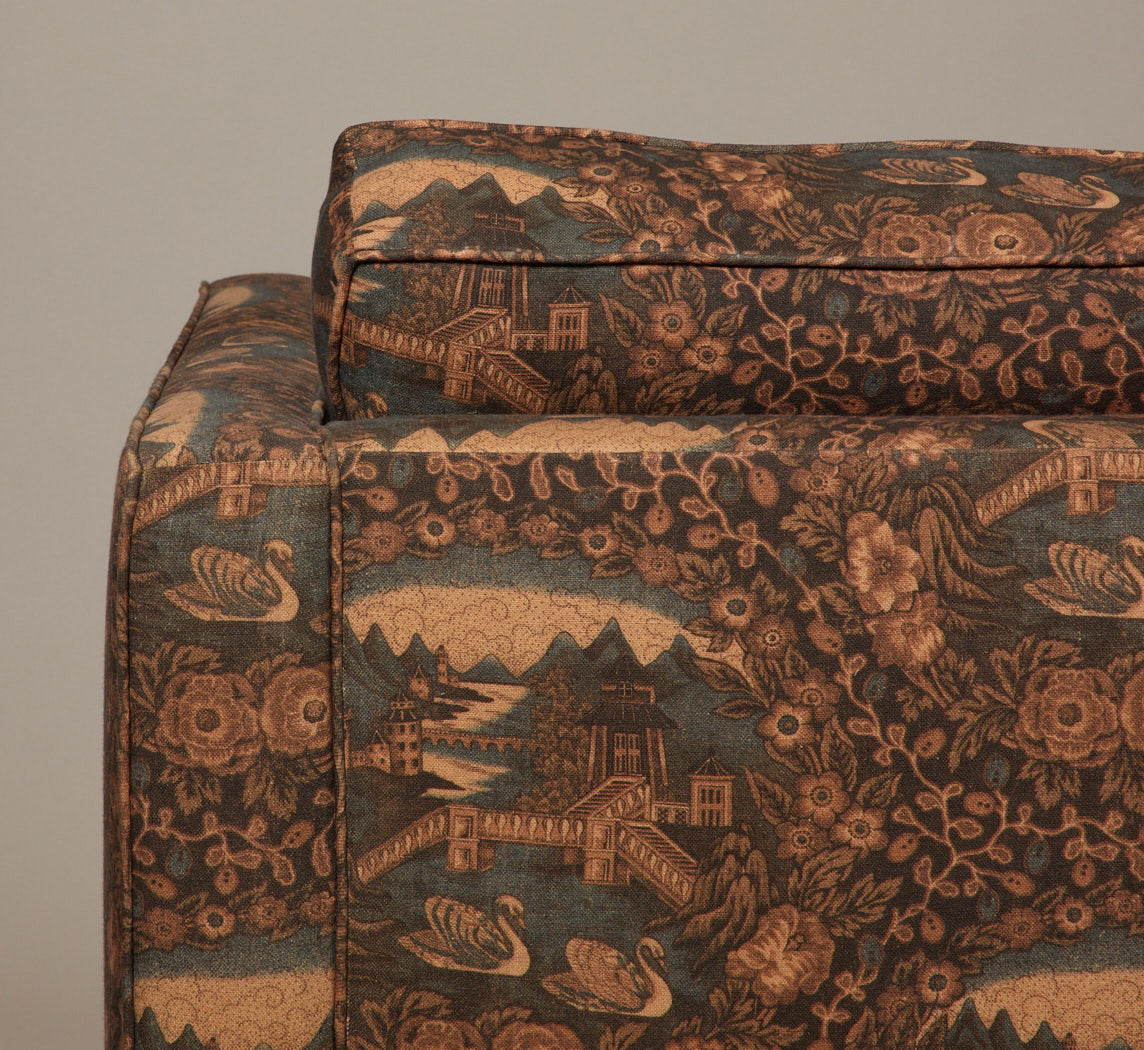 MID CENTURY TUXEDO SOFA IN PIERCE & WARD'S EASTERN GARDEN RAMBLE LINEN