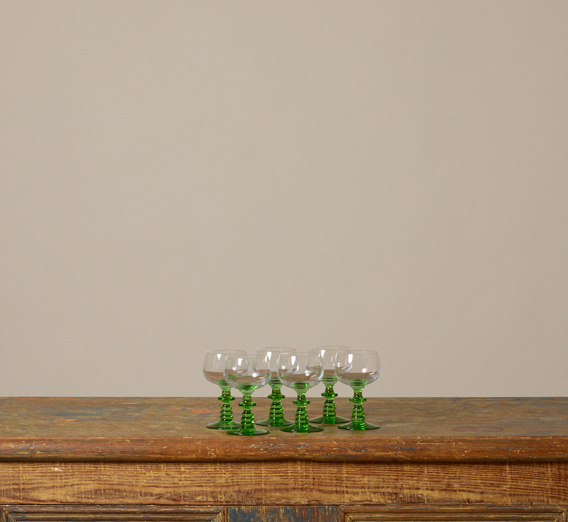 SET OF 6 VINTAGE FRENCH EMERALD STEM WINE GLASSES