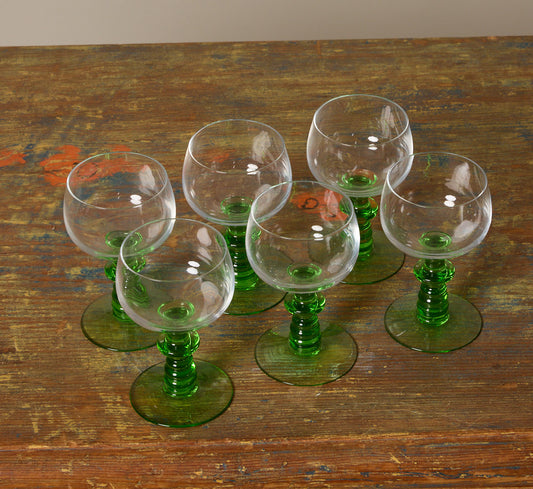 SET OF 6 VINTAGE FRENCH EMERALD STEM WINE GLASSES