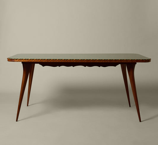 1960S ITALIAN DINING TABLE WITH CRAQUELLE GLASS TOP AND CARVED EDGES