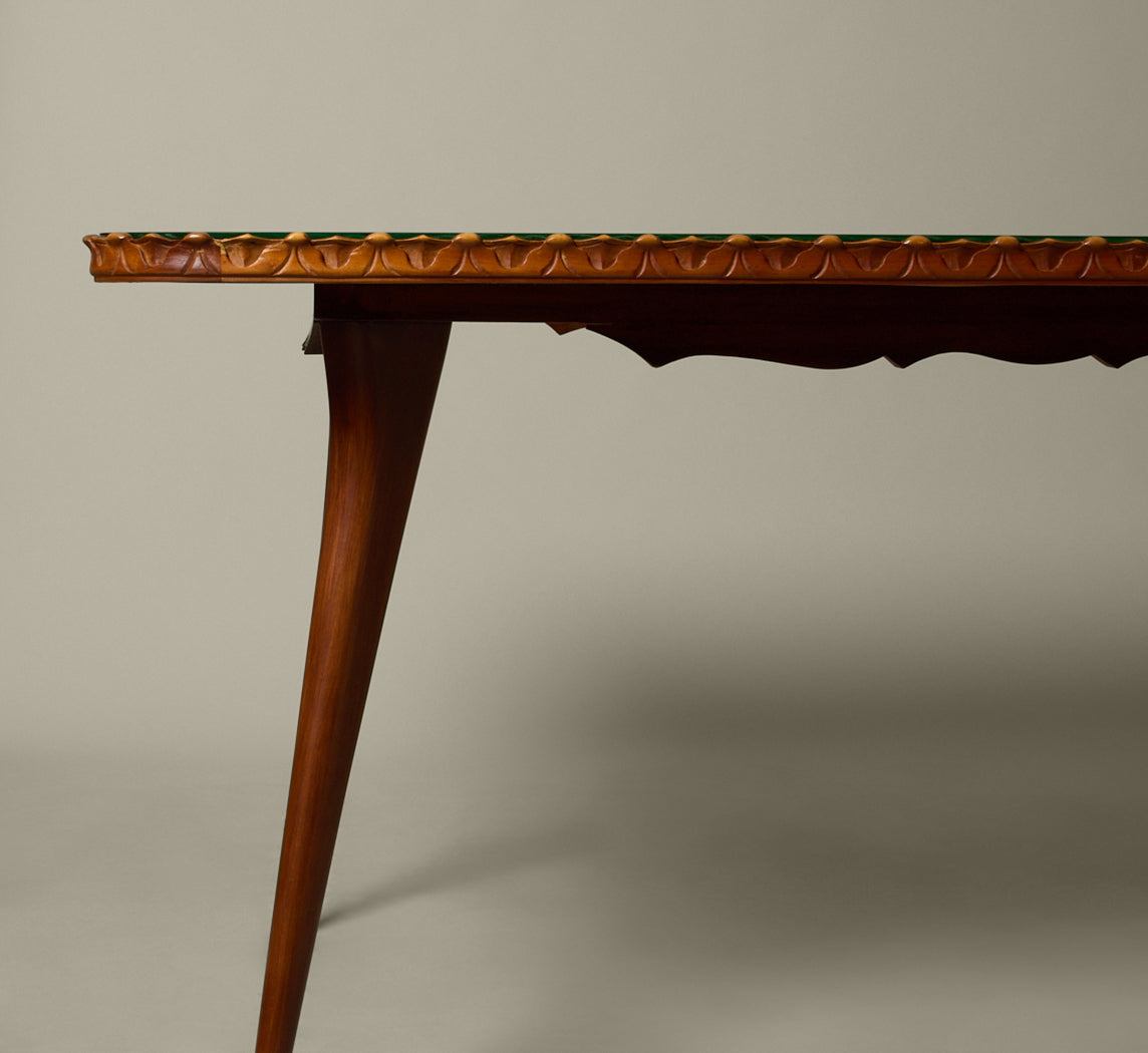 1960S ITALIAN DINING TABLE WITH CRAQUELLE GLASS TOP AND CARVED EDGES