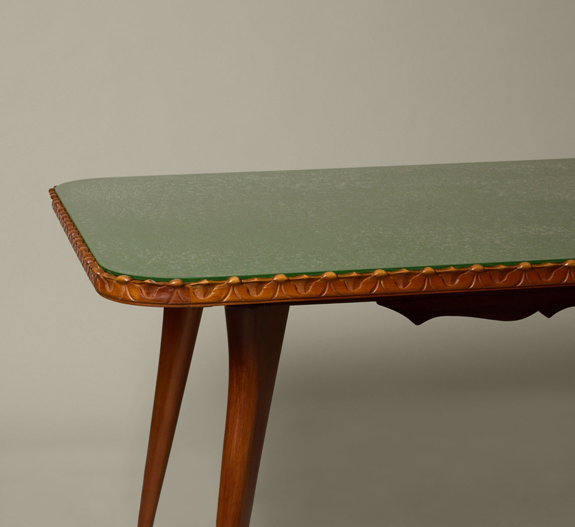 1960S ITALIAN DINING TABLE WITH CRAQUELLE GLASS TOP AND CARVED EDGES