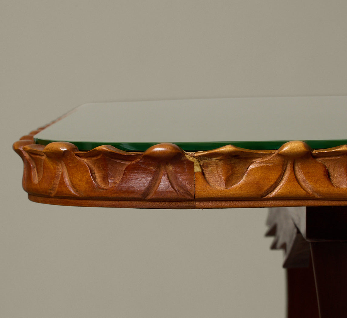 1960S ITALIAN DINING TABLE WITH CRAQUELLE GLASS TOP AND CARVED EDGES