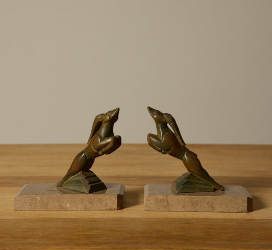 19TH CENTURY FRENCH BRASS AND MARBLE GAZELLE BOOKENDS