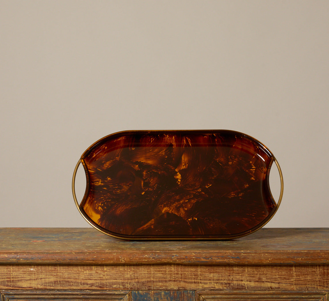1970S ITALIAN TORTOISE SHELL LUCITE & BRASS TRAY