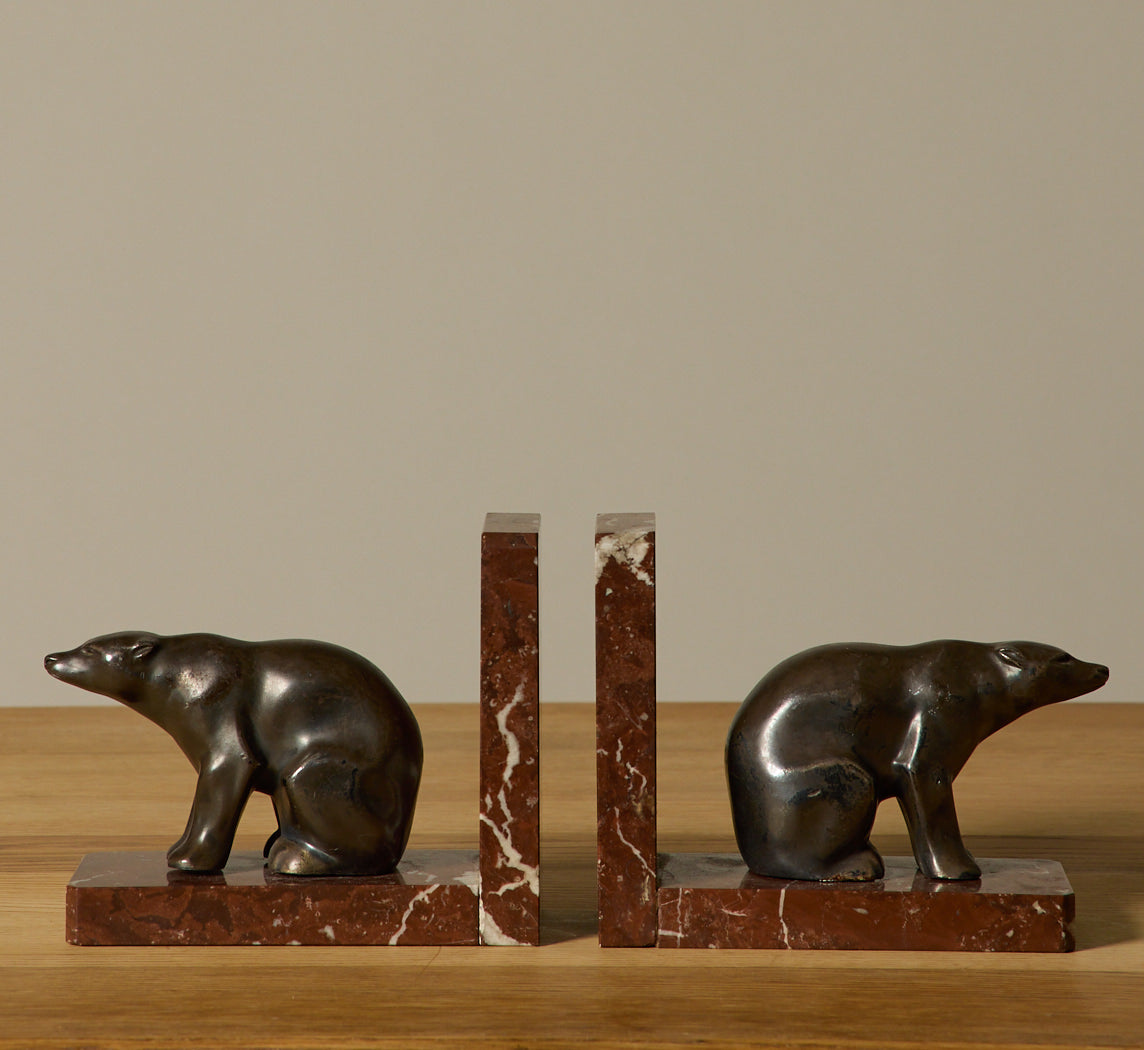 1930S FRENCH BRONZE AND MARBLE BEAR BOOKENDS