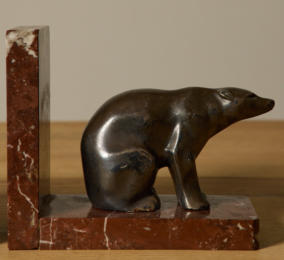 1930S FRENCH BRONZE AND MARBLE BEAR BOOKENDS