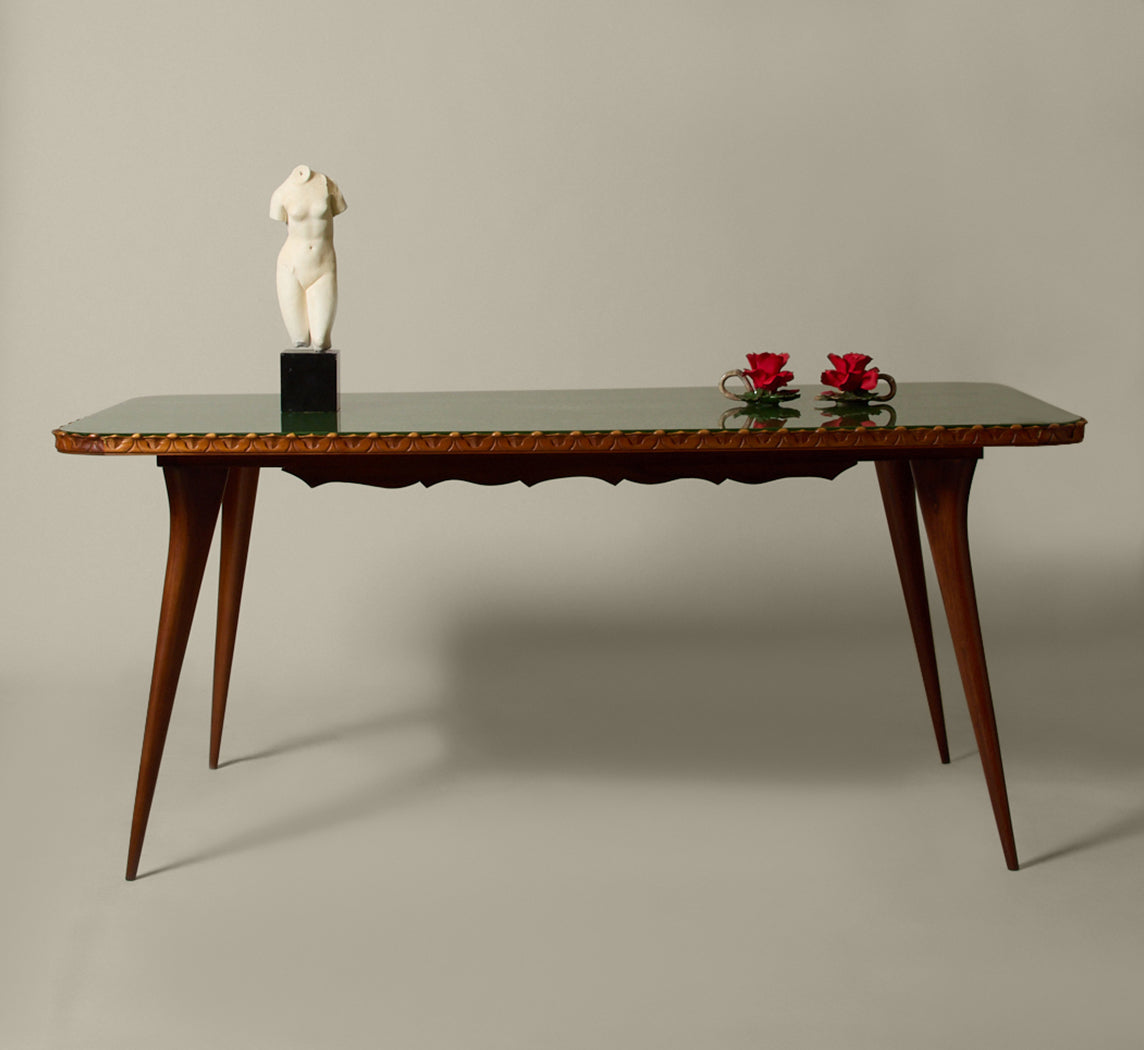 1960S ITALIAN DINING TABLE WITH CRAQUELLE GLASS TOP AND CARVED EDGES