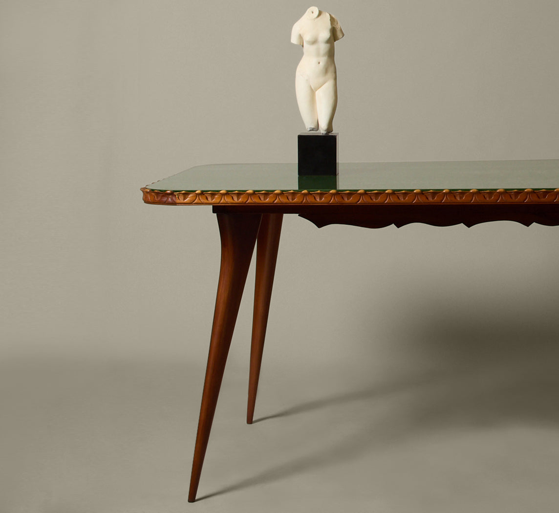 1960S ITALIAN DINING TABLE WITH CRAQUELLE GLASS TOP AND CARVED EDGES