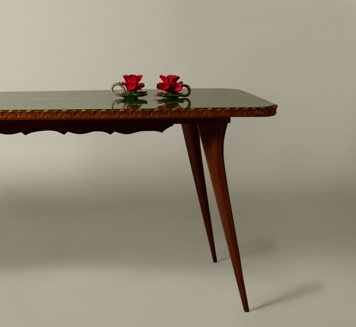 1960S ITALIAN DINING TABLE WITH CRAQUELLE GLASS TOP AND CARVED EDGES