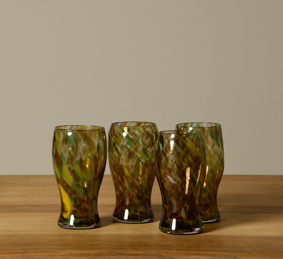 PIERCE & WARD HAND BLOWN SWIRL GLASSES IN GREEN TORTOISE